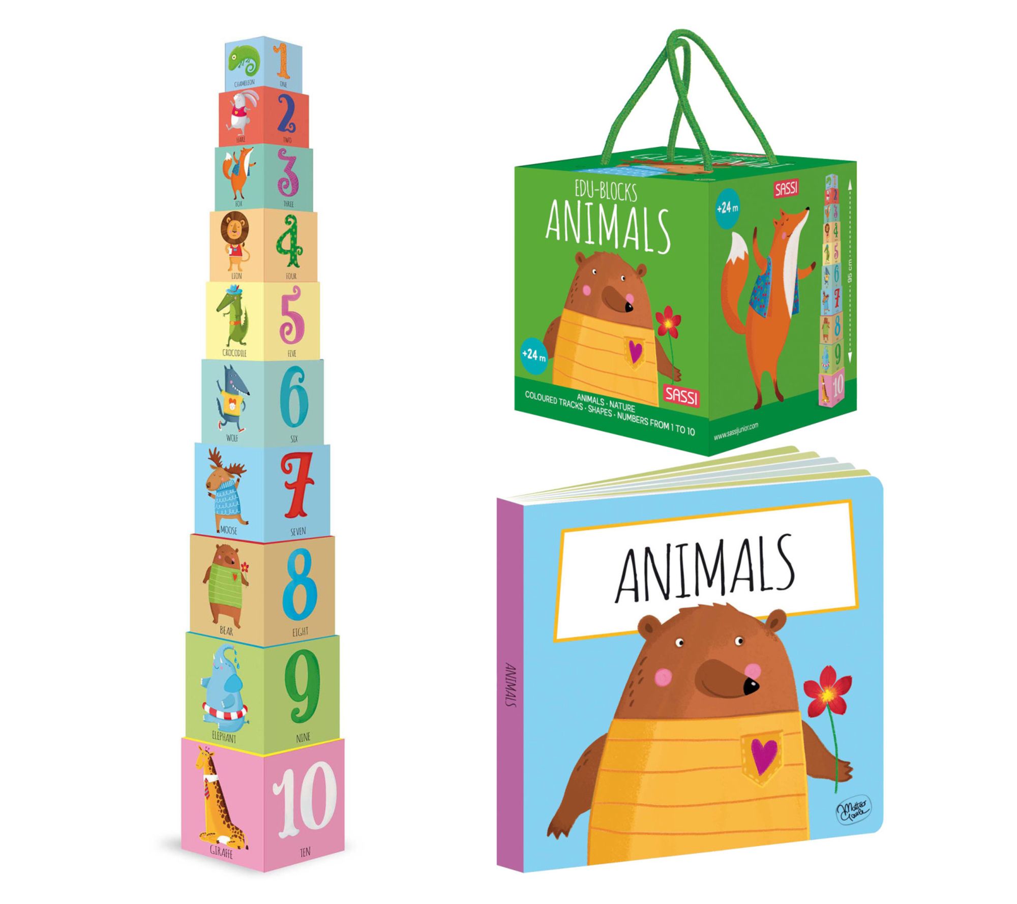 Sassi: Edu-Blocks - Animals - 10 Stacking Cubes& Booklet Set