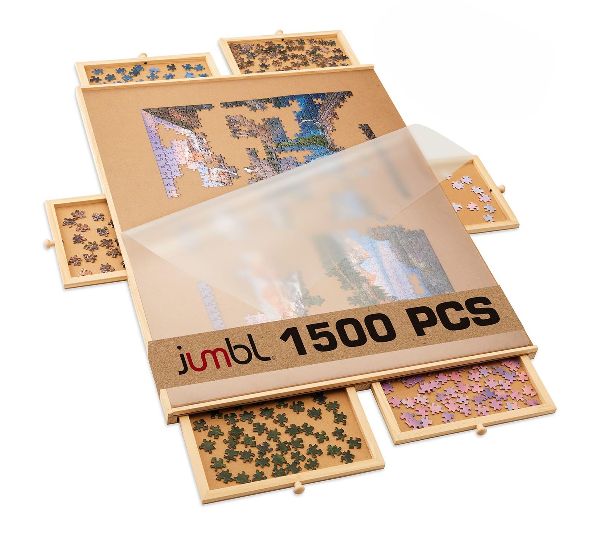 Jumbl 1500-Piece Puzzle Board with Drawers, Lazy Susan & Cover