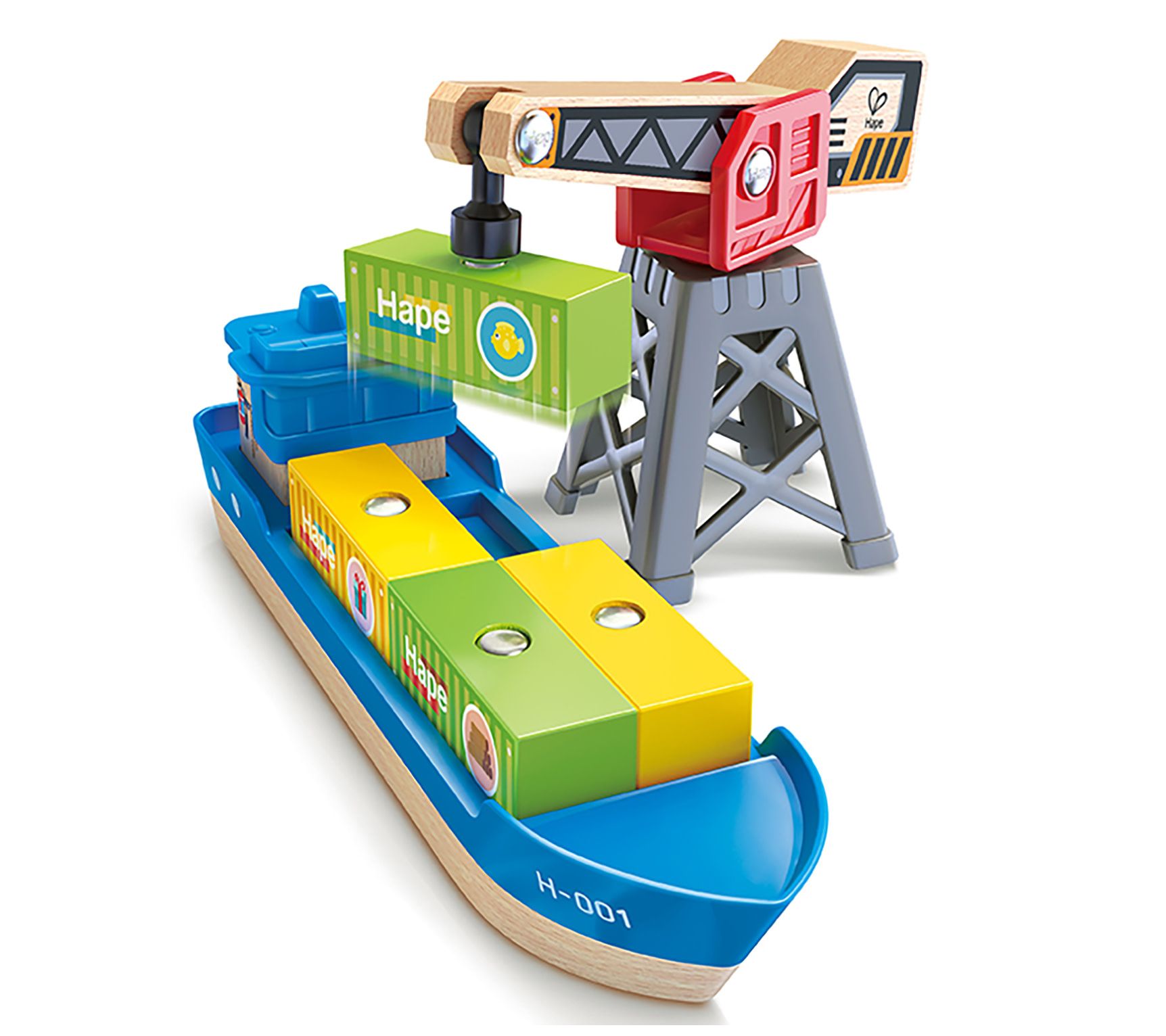 Hape: Cargo Ship & Crane - 6 pc Train Playset