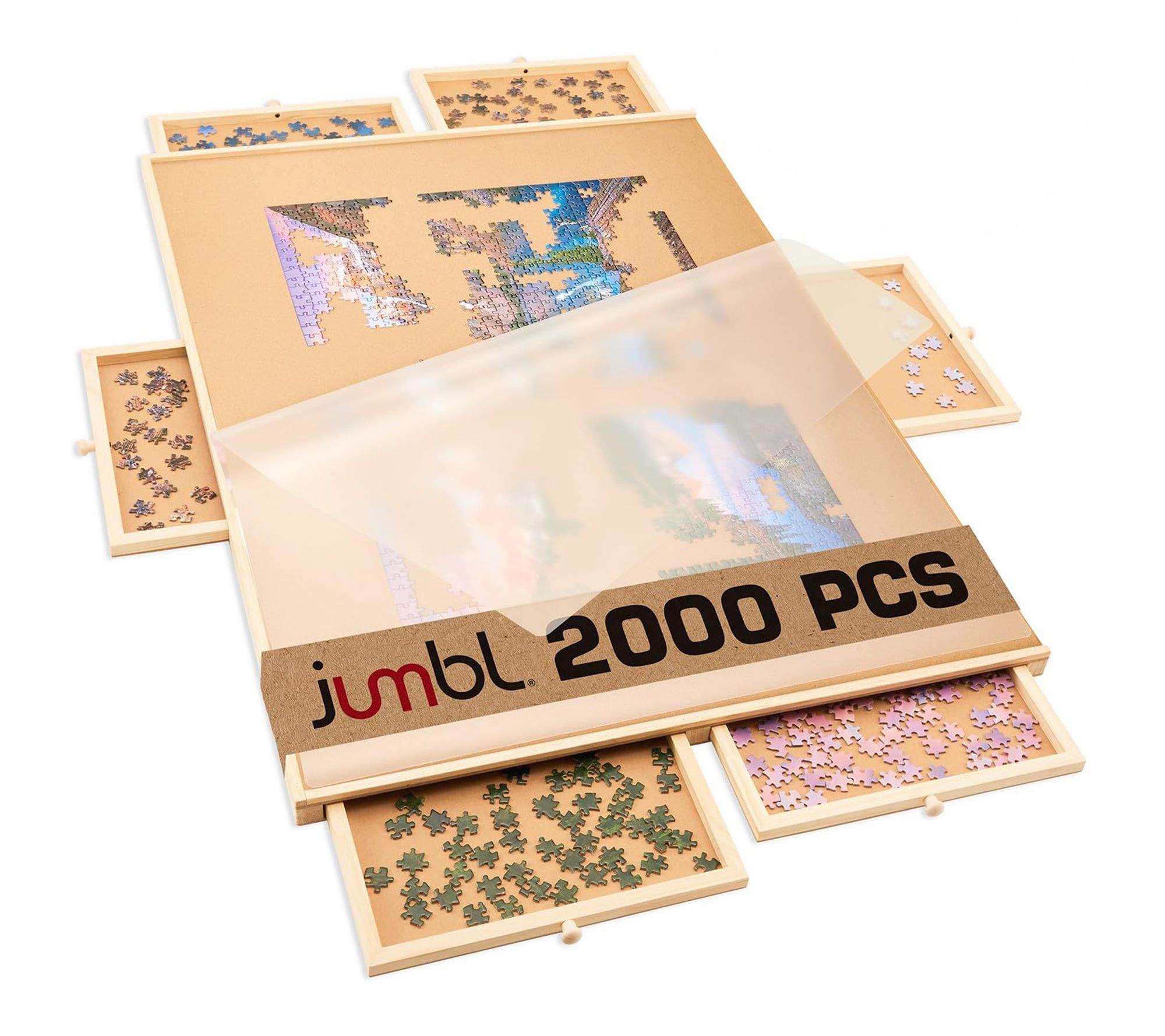 Jumbl 2000-Piece Puzzle Board with Drawers, Lazy Susan & Cover