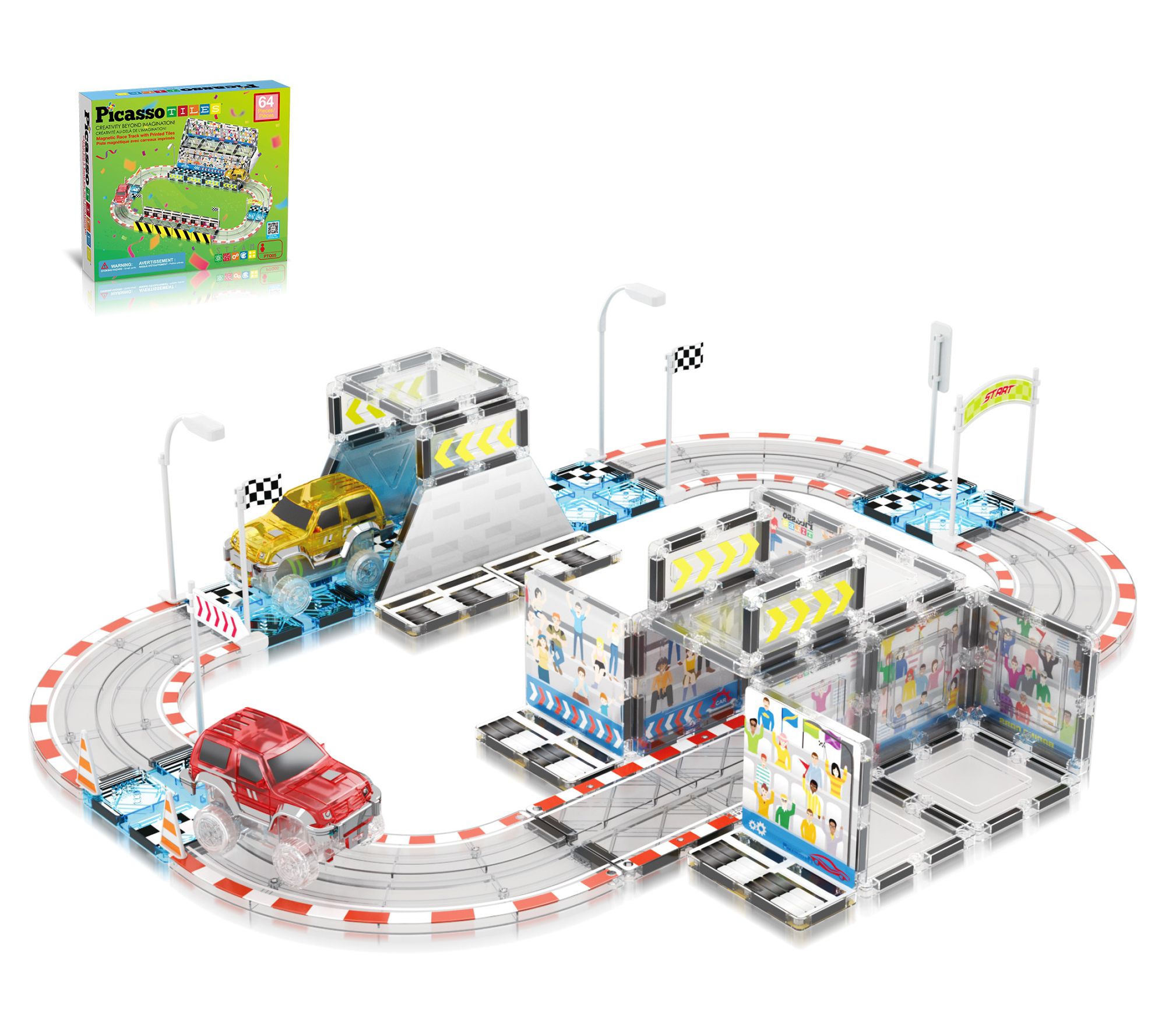 PicassoTiles Magnet Tile Race Car Track Construction Toy