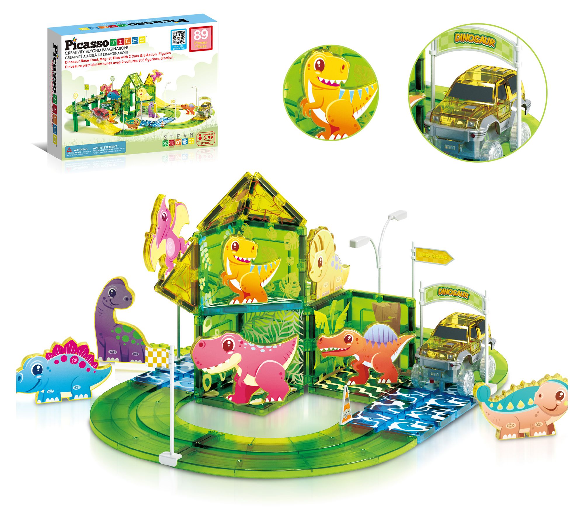 PicassoTiles Dinosaur Magnetic Tiles Building Block Race Track