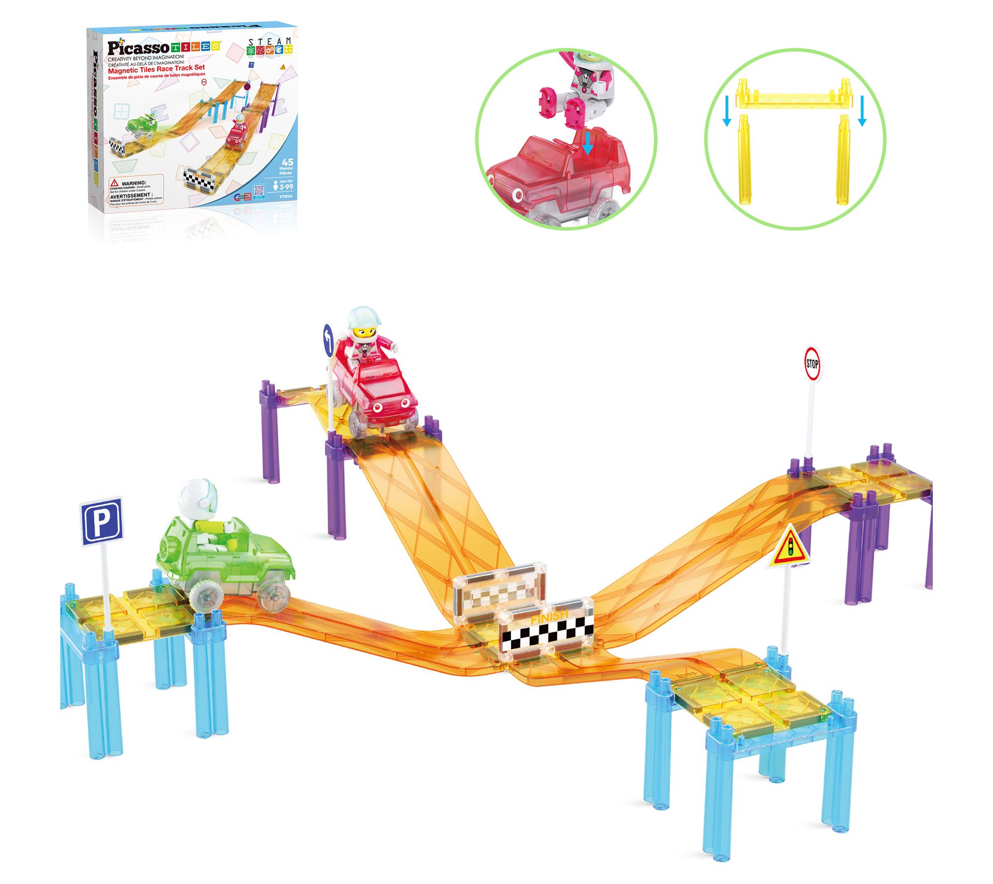 PicassoTiles Sloped Race Car Tracks for RacingPlayset - 45pc