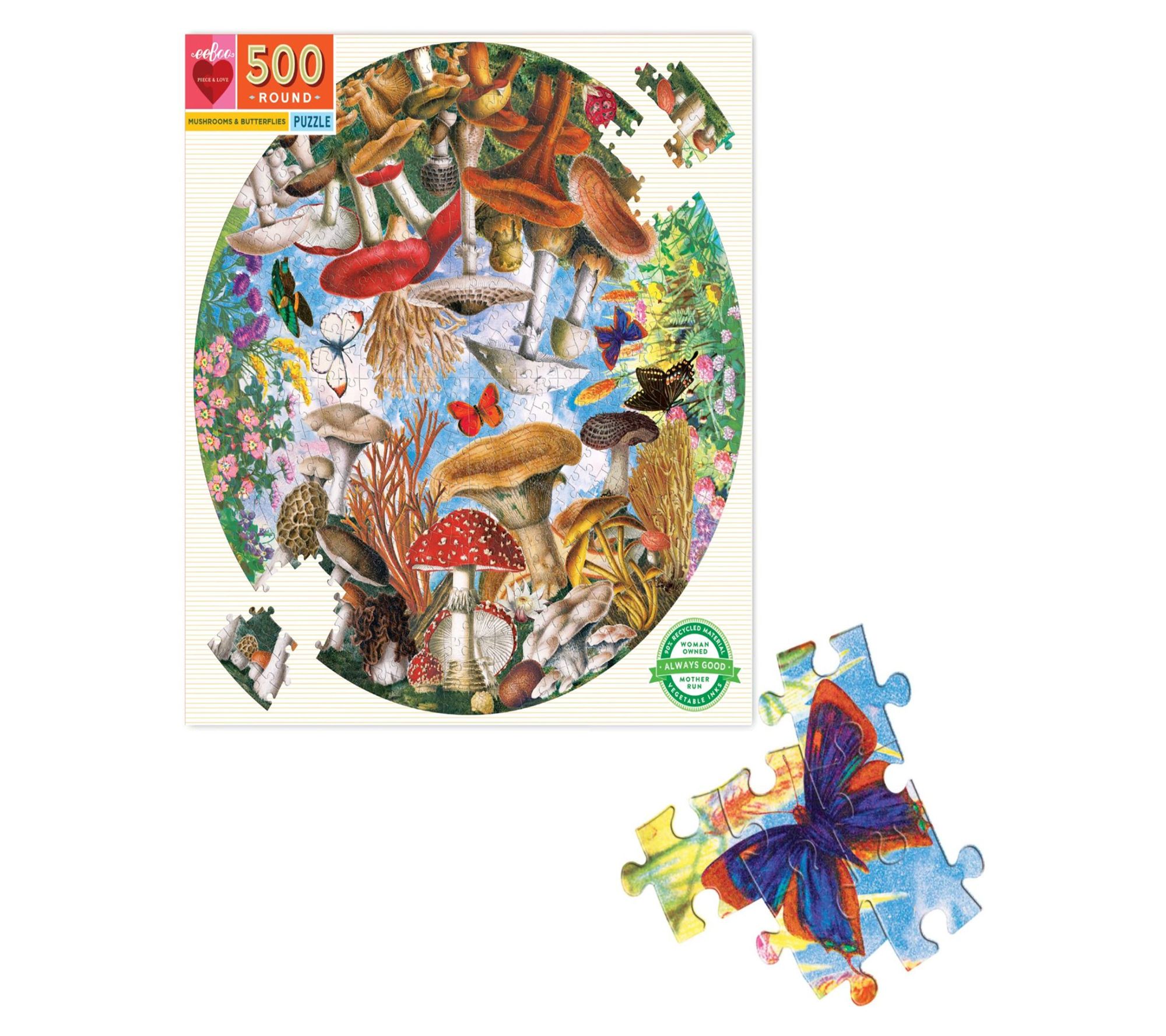 Eeboo Puzzle - 500pc Round Mushrooms And Butterflies