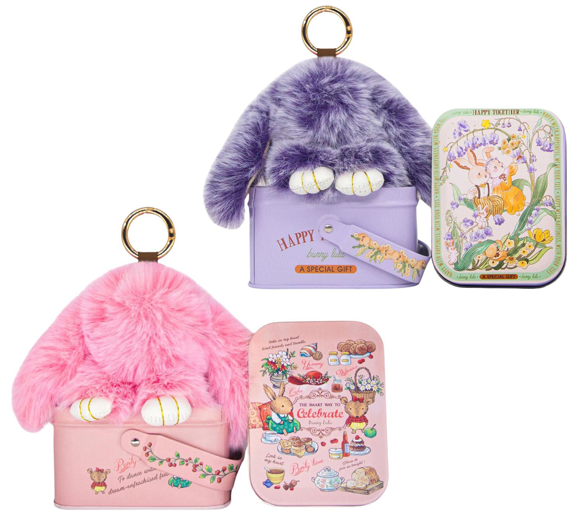 Bunnylulu Handmade Fluffy Soft Keychain With Metal Tin 2pcs
