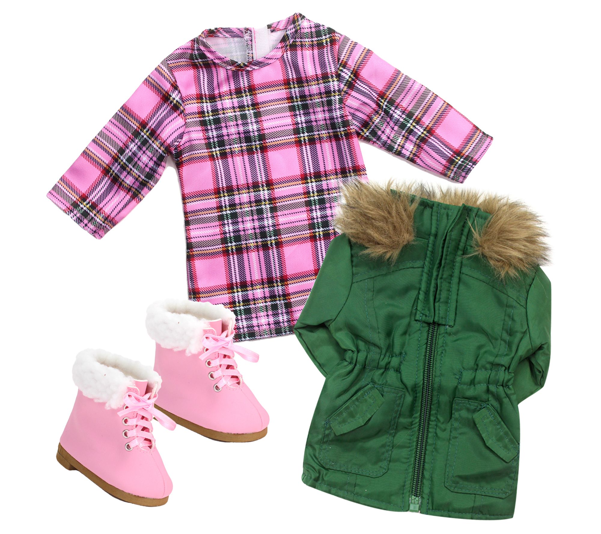 Sophia's Fur Tr immed Green Par ka, Pink Plaid Dress Set
