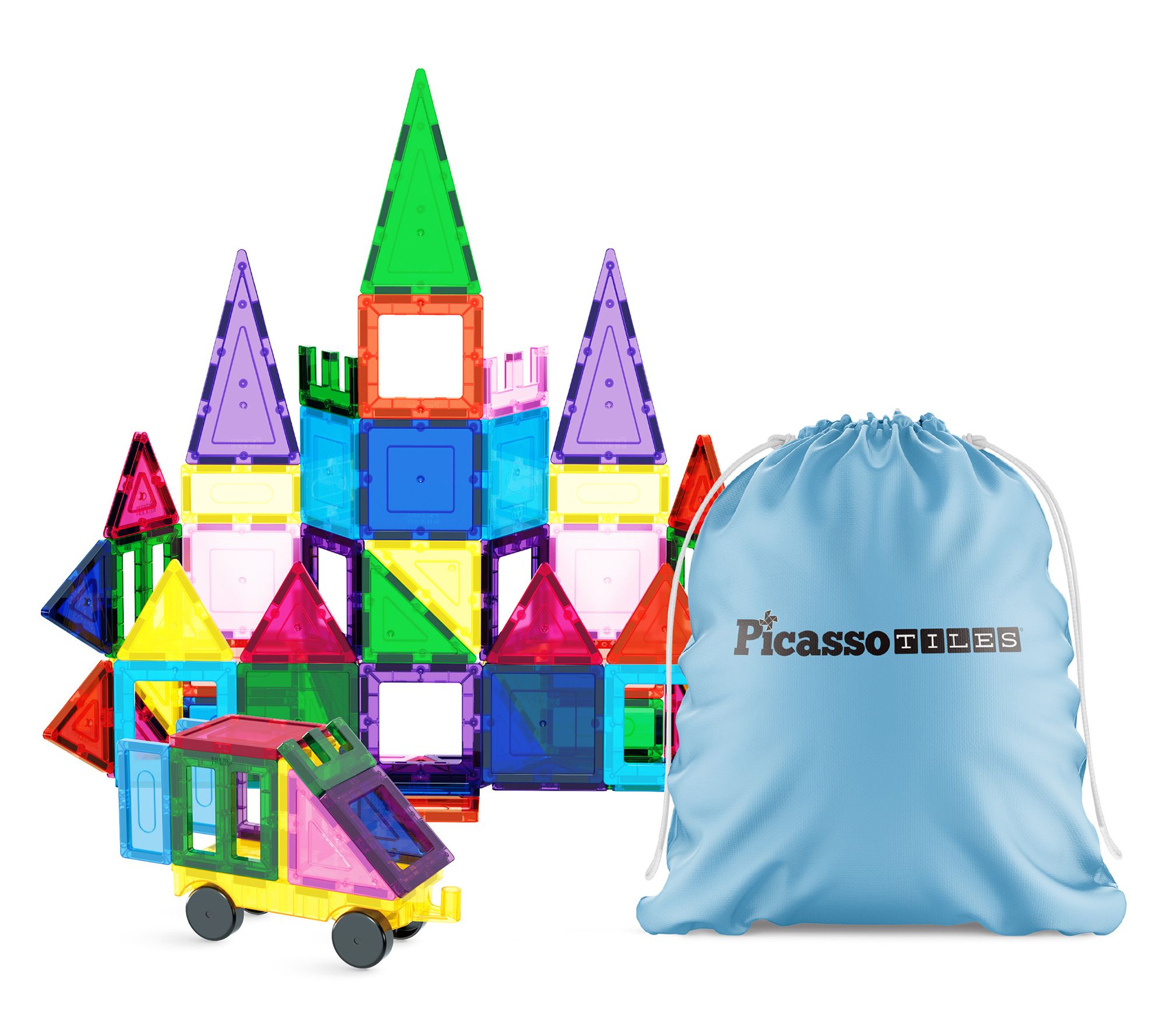 PicassoTiles Magnetic Tile Blocks with Car Base& Storage Bag