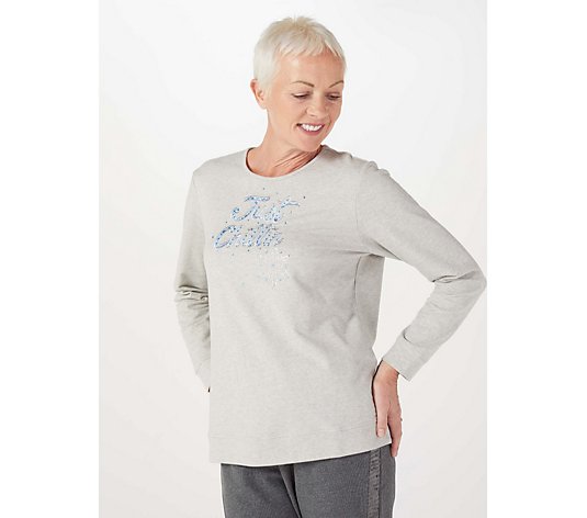 Quacker Factory Long Sleeve Say it with Words Plaid Applique Top
