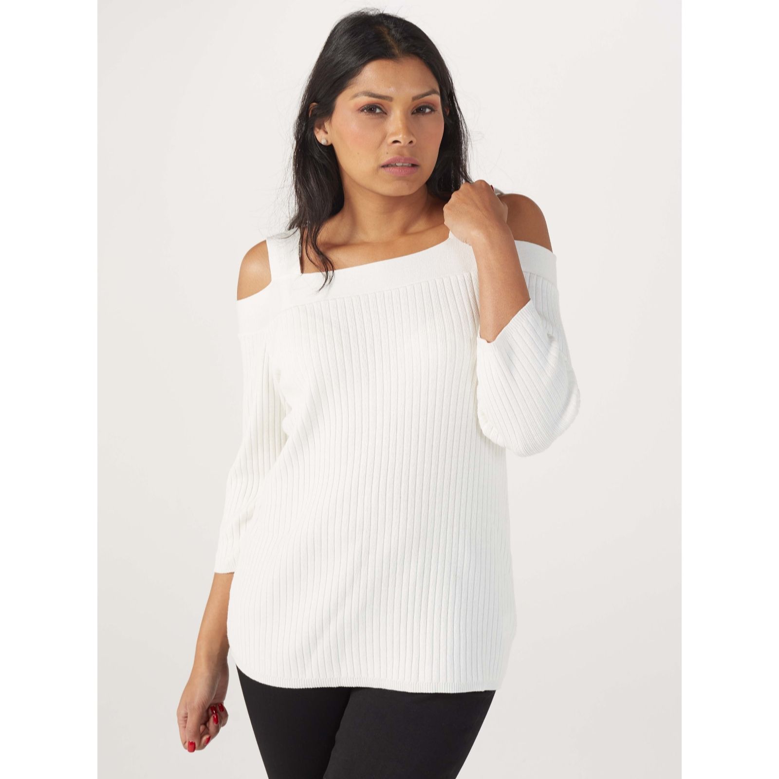 Rib Knit Square Neck Cold Shoulder Sweater with 3/4 Sleeves by Nina Leonard - QVC UK