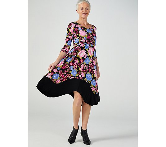 3/4 Sleeve V Neck Blouson Dress with Contrast Hem by Nina Leonard