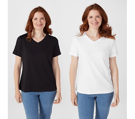 Denim & Co. Essentials 100% Cotton 2 Pack Short Sleeve V Neck Tops