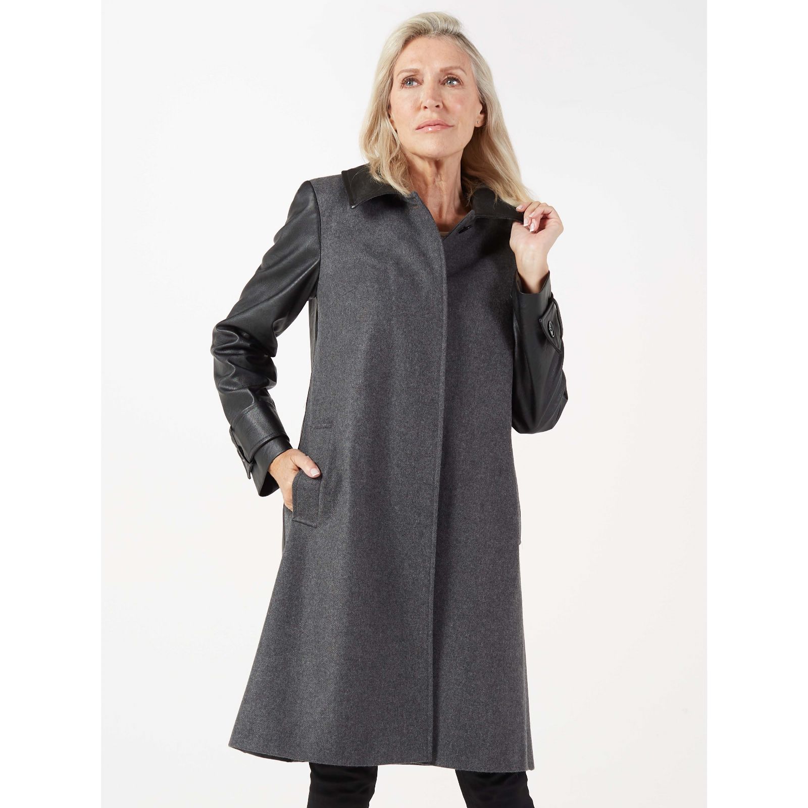 Helene Berman Mimi Faux Leather Sleeve & Collar Coat - QVC UK