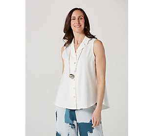 WynneLayers Cotton Span Sleeveless Shirt with Lapel