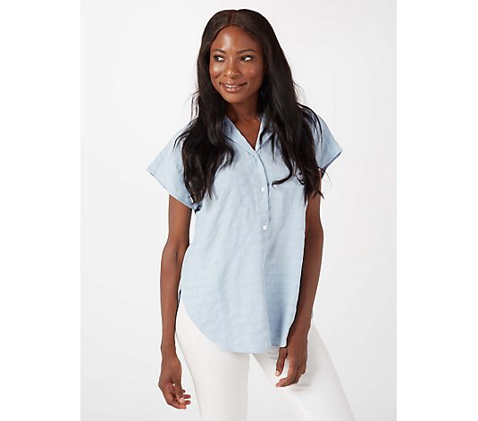 WynneLayers Crinkle Stretch Short Sleeve Button Front Shirt