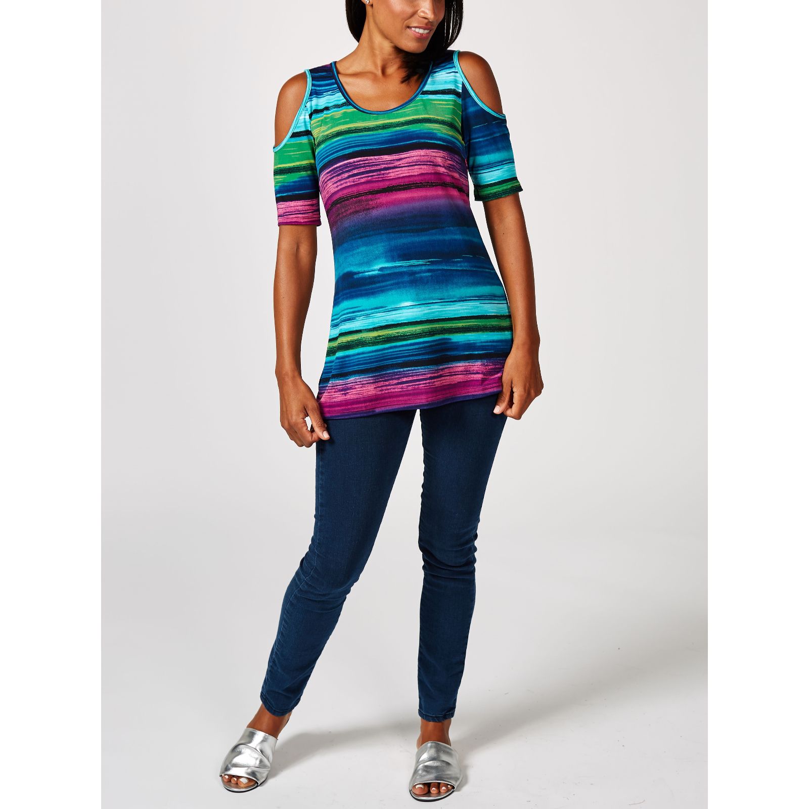 Outlet 2 Plain & Printed Cold Shoulder Tops by Nina Leonard QVC UK