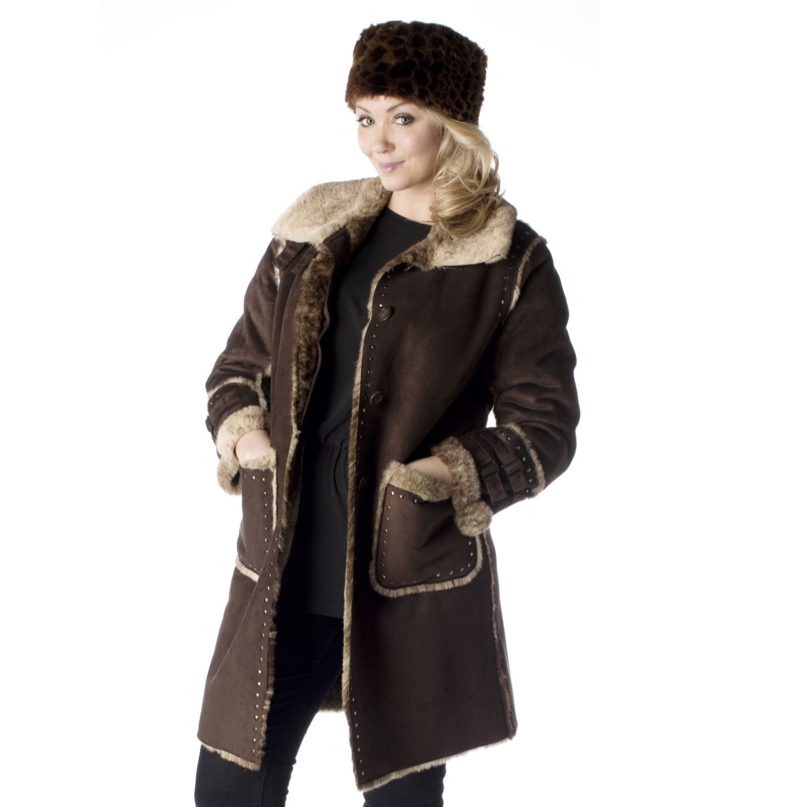 Dennis Basso 3/4 Length Faux Shearling Coat with Studs & Buckles - QVC UK
