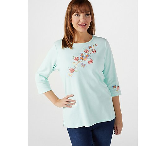 Quacker Factory Embroidered Zen Butterfly 3/4 Sleeve Tee