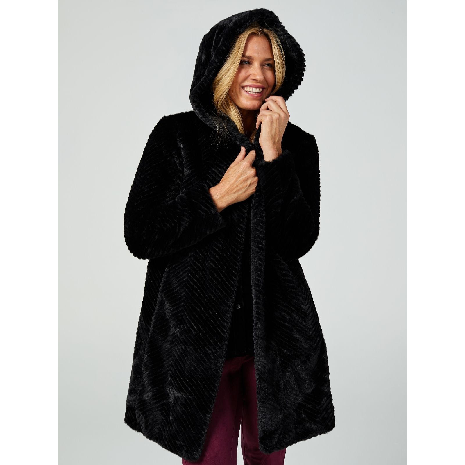 Outlet Centigrade Chevron Hooded Faux Fur Coat QVC UK