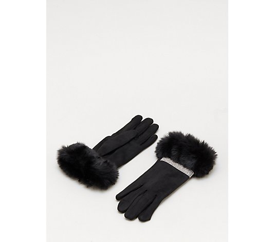 Frank Usher Faux Fur Crystal Embellished Stretch Gloves with Gift Box