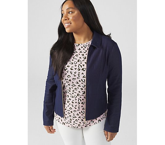 Kim & Co Deluxe Denim Knit Zip Front Collar Jacket