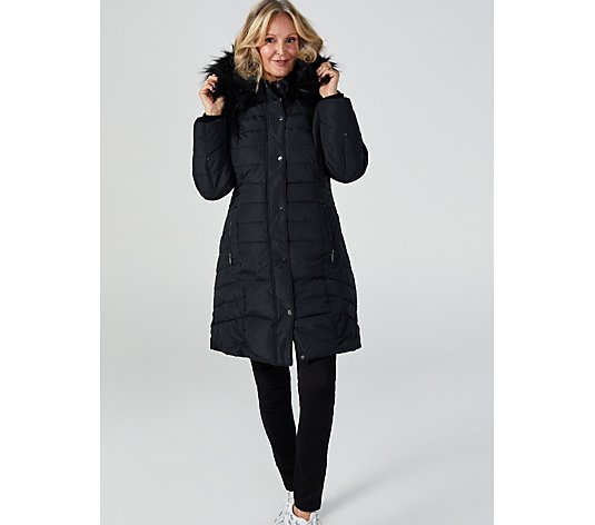 Outlet Centigrade Faux Down Quilted Coat with Faux Fur Hood
