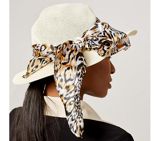 Badgley Mischka Straw Fedora Hat with Removable Scarves