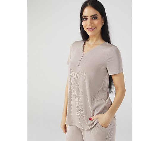 V Neck Short Sleeve Top Covered Buttons At Top Front Neck by Nina Leonard