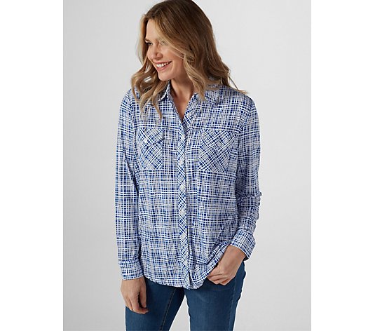 Denim & Co. Plaid Jersey Button Through Shirt