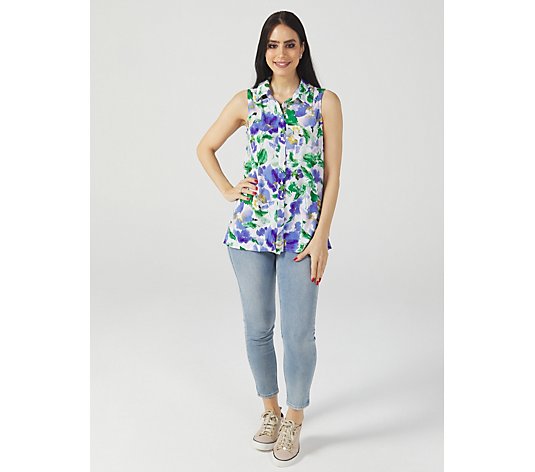 Collared Sleeveless Printed MJ Float Top Placket Button by Nina Leonard
