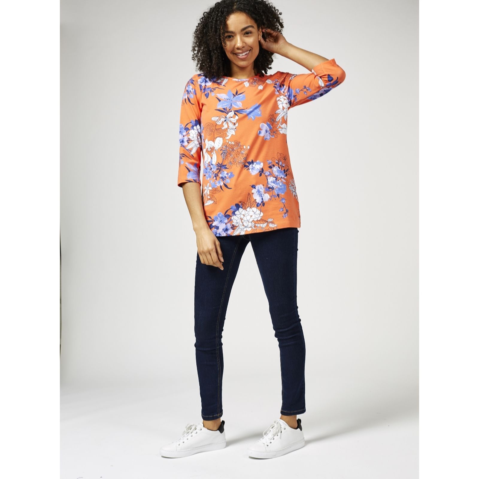 Outlet Denim & Co. Printed Round Neck 3/4 Sleeve Top - QVC UK