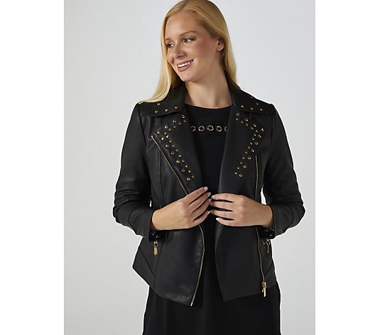 JM Fashion by Julien Macdonald Studded Pleather Jacket with Print Lining