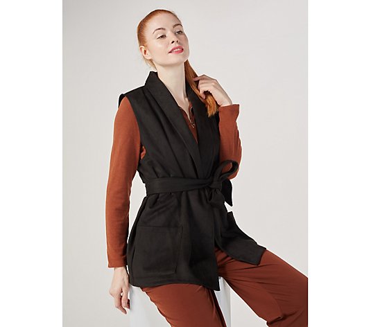 Kim & Co Stretch Suede Sleeveless Jacket with Sash & Pockets