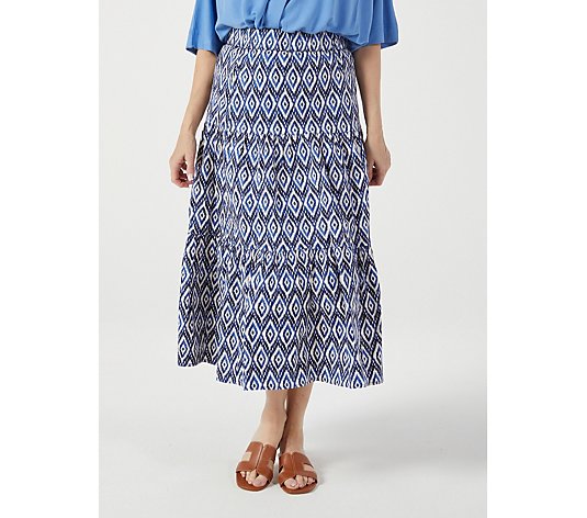 Helene Berman Blue Diamond Print Tiered Skirt with Stretch Waistband