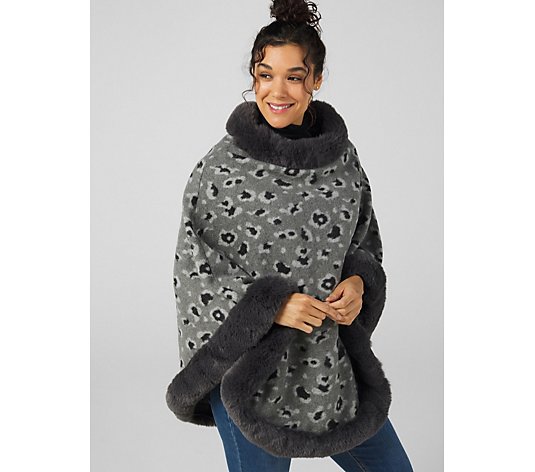 Frank Usher Animal Knitted Poncho with Faux Fur Trim