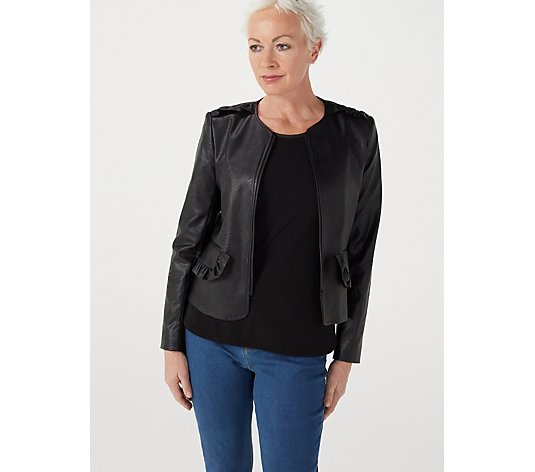Helene Berman Faux Leather Jacket with Frill Detail