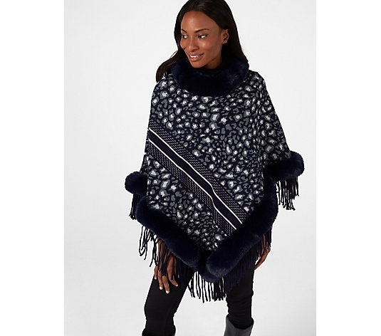Frank Usher Knitted Animal Poncho with Faux Fur Trim