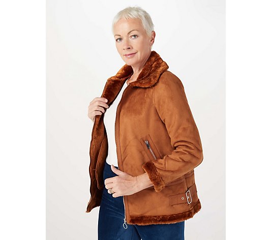Faux Suede Bomber Jacket with Faux Fur Lining by Nina Leonard