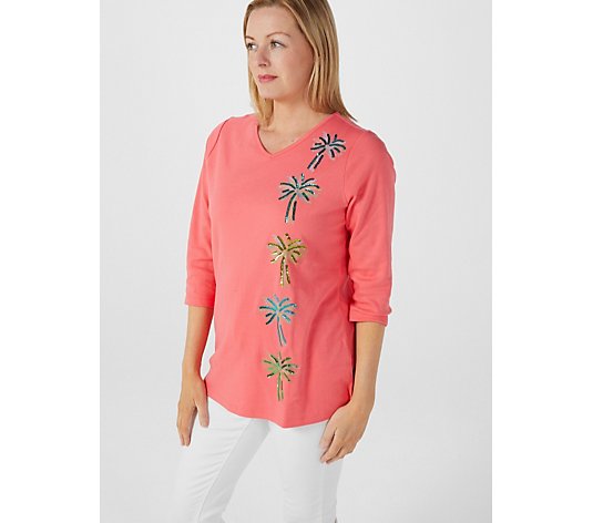 Quacker Factory Ombre Embroidery & Sequin Summer Motif 3/4 Sleeve Top