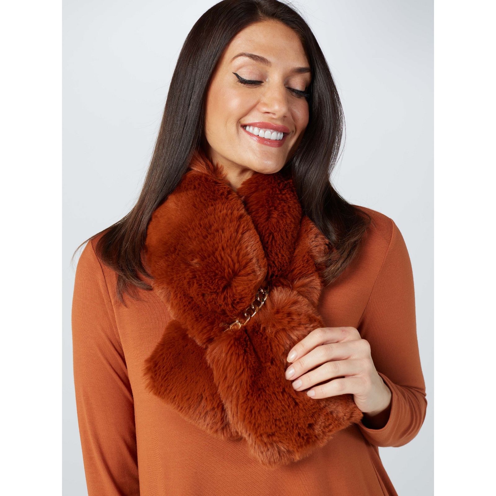 Faux Fur Pull-Through Scarf with Pearl Detail