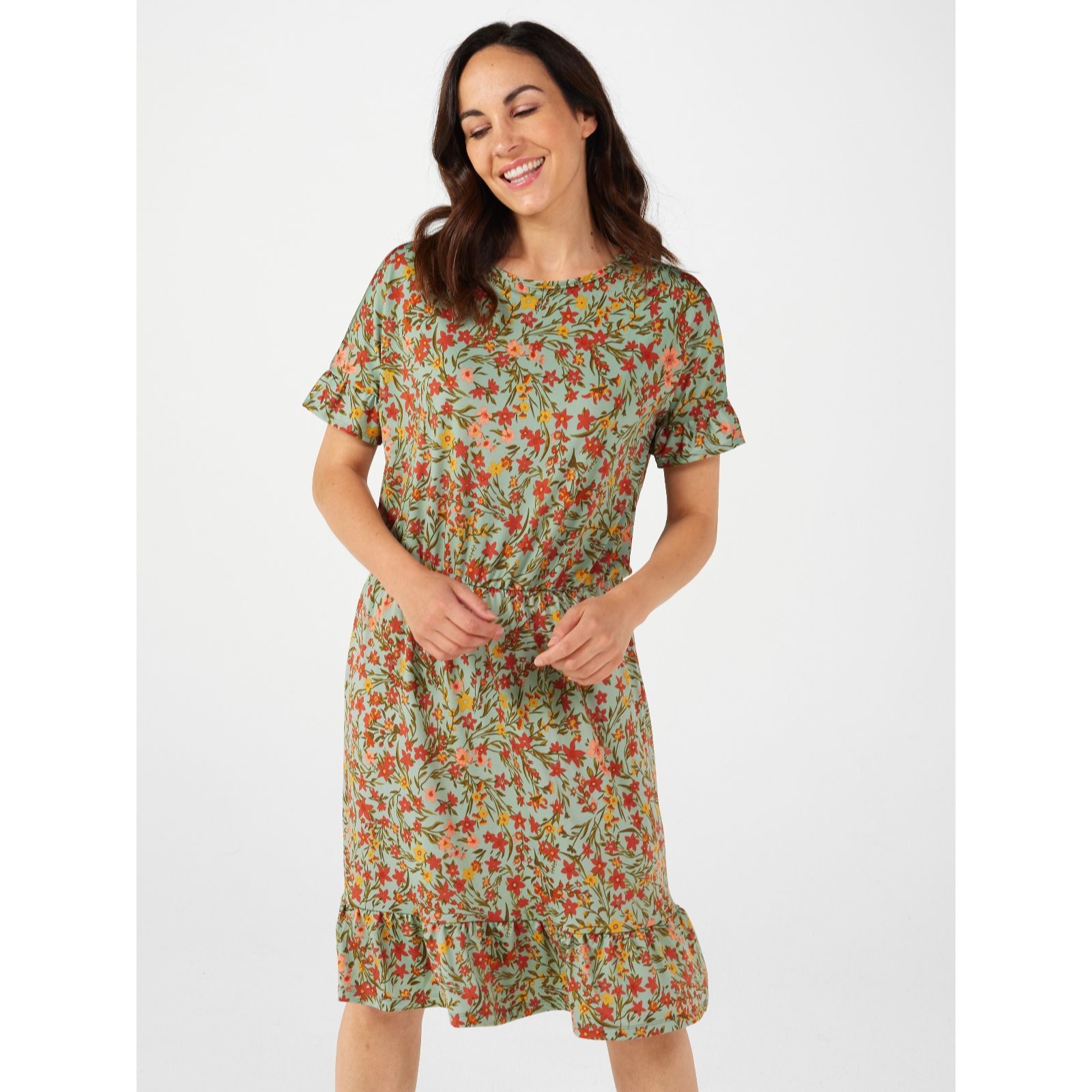 Kim & Co Printed Brazil Jersey Short Sleeve Frilled Dress - QVC UK