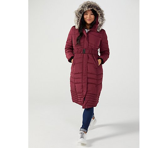 Outlet Centigrade Faux Down Longline Padded Coat with Detachable Faux Fur Hood
