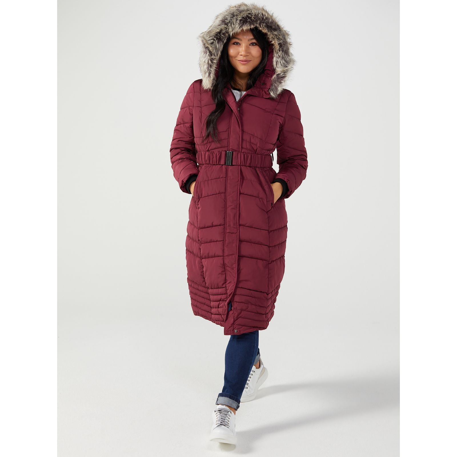 longline padded coat fur hood