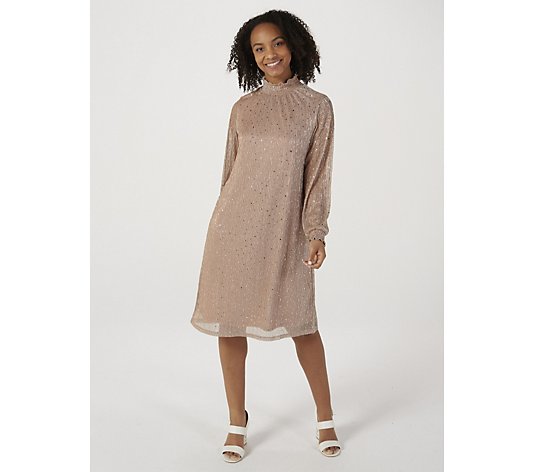 Smock Neck Long See Through Sleeve Lined Sequin Dress by Nina Leonard