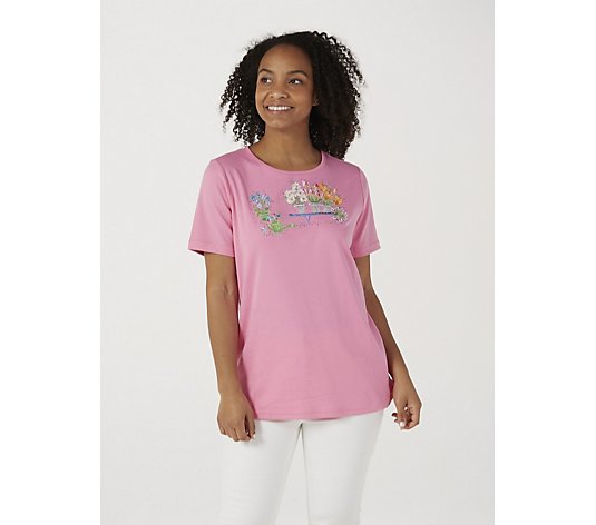 Quacker Factory Embroidered Motif Short Sleeve Top