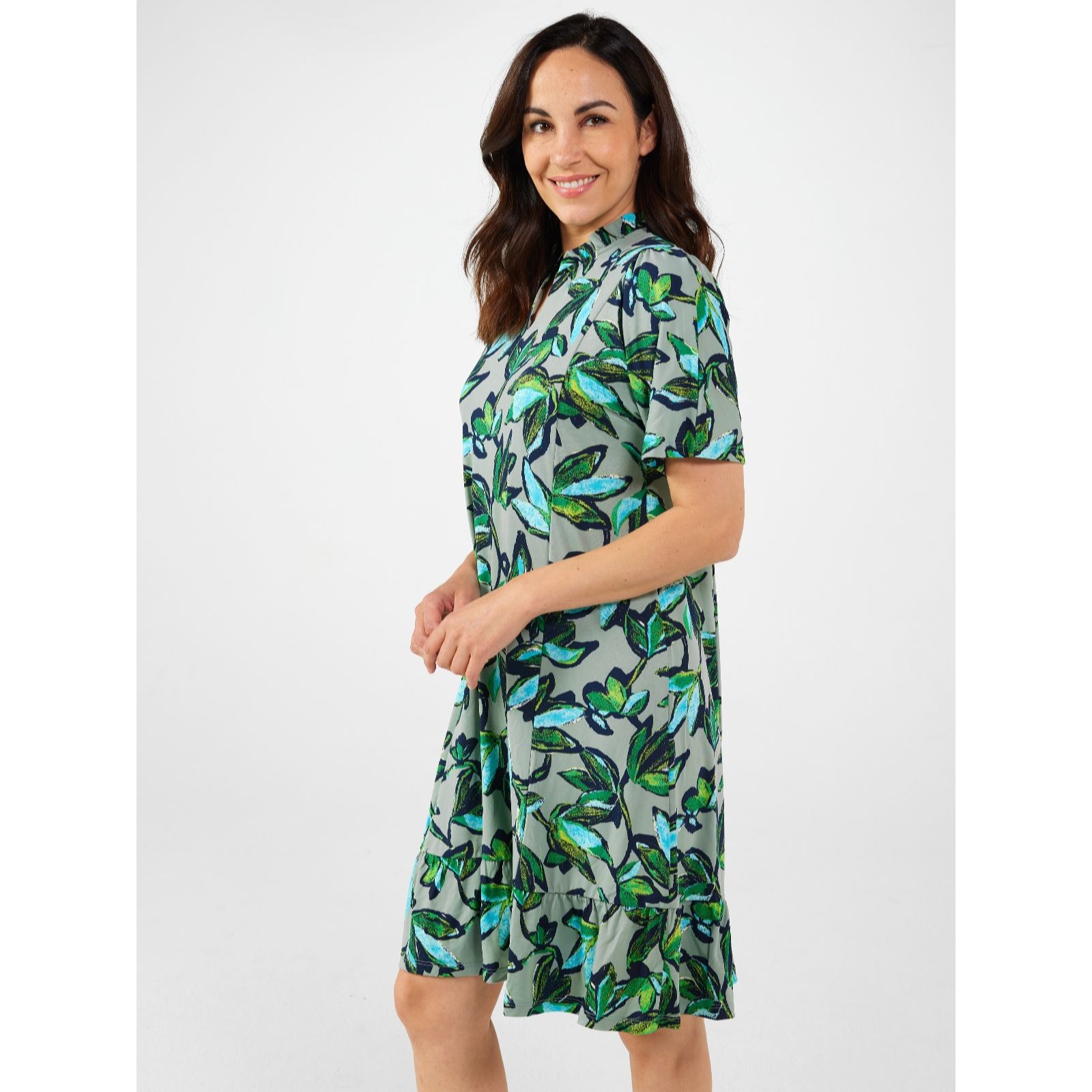 Kim & Co Printed Brazil Jersey Short Sleeve Frilled Dress - QVC UK