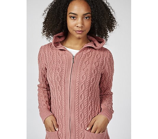 Denim & Co. Cable Knit Zip Front Hooded Cardigan with Patch Pockets ...