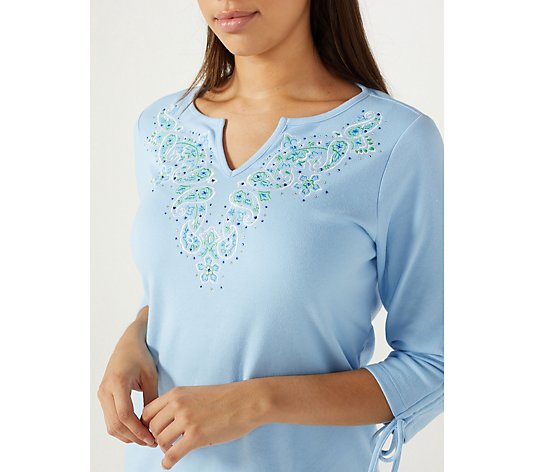 Quacker Factory Embroidered Floral Paisley Split Neck Ruched Sleeve Top