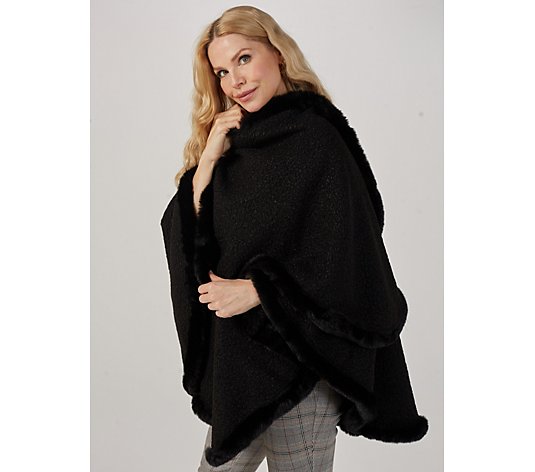 Nina Leonard Wrap Poncho Faux Fur Edging & Knit