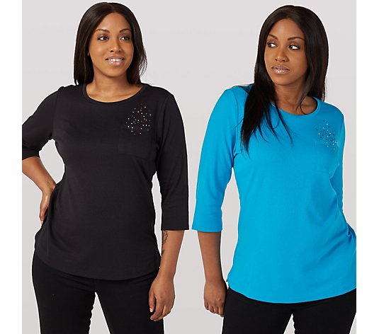 Quacker Factory Set of 2 3/4 Sleeve Sparkle Top with Front Pocket
