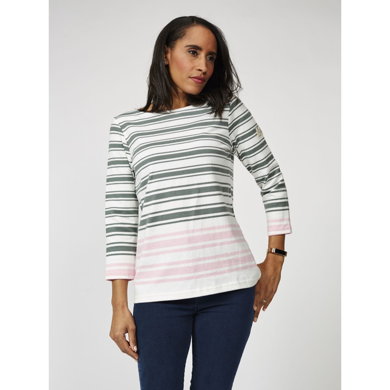 Joules 3/4 Sleeve Jersey Striped Harbour Top QVC UK